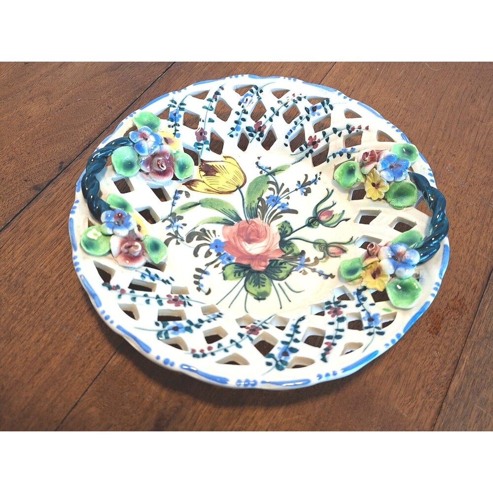 Capodimonte Porcelain Basket Weave Pattern Plate Floral 7.5" Vintage Italy